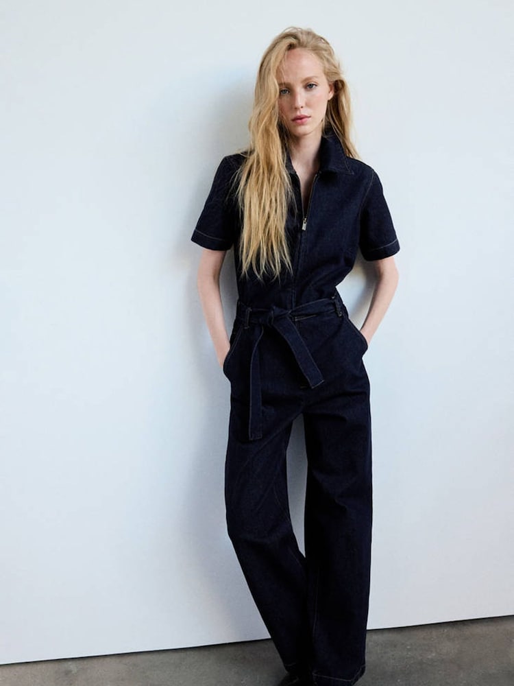 Mango Blue Denim Zip Detail Straight Leg Jumpsuit - Image 1 of 7