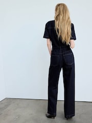 Mango Blue Denim Zip Detail Straight Leg Jumpsuit - Image 2 of 7