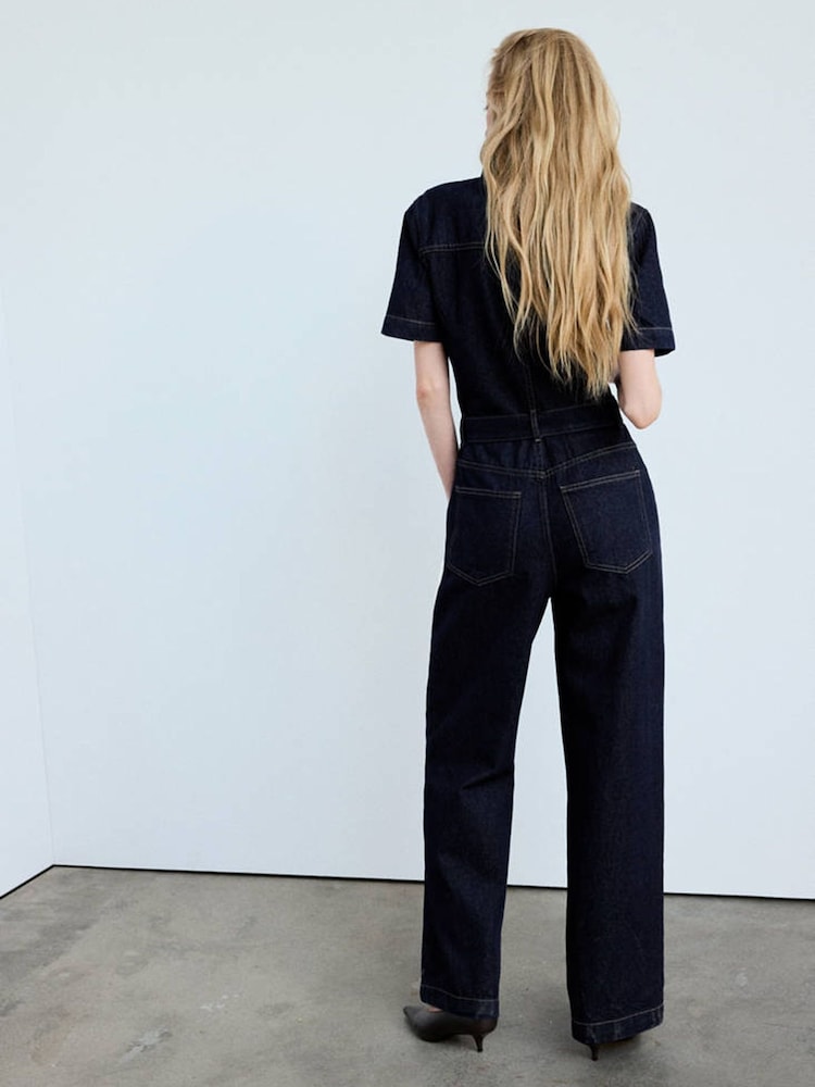 Mango Blue Denim Zip Detail Straight Leg Jumpsuit - Image 2 of 7