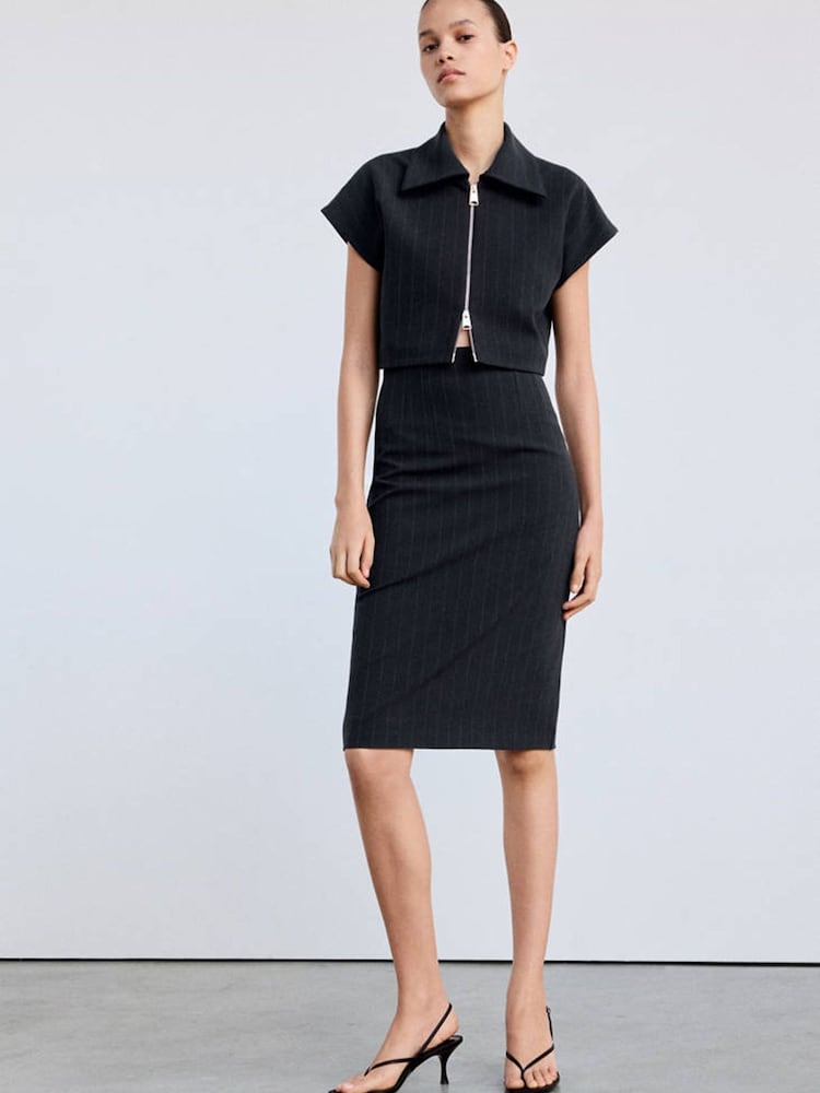 Mango Blue Pinstripe Midi Pencil Skirt - Image 1 of 7