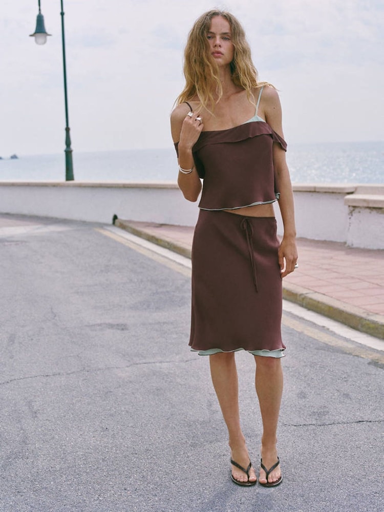 Mango Brown Tie Waist Double Layered Midi Skirt - Image 1 of 6