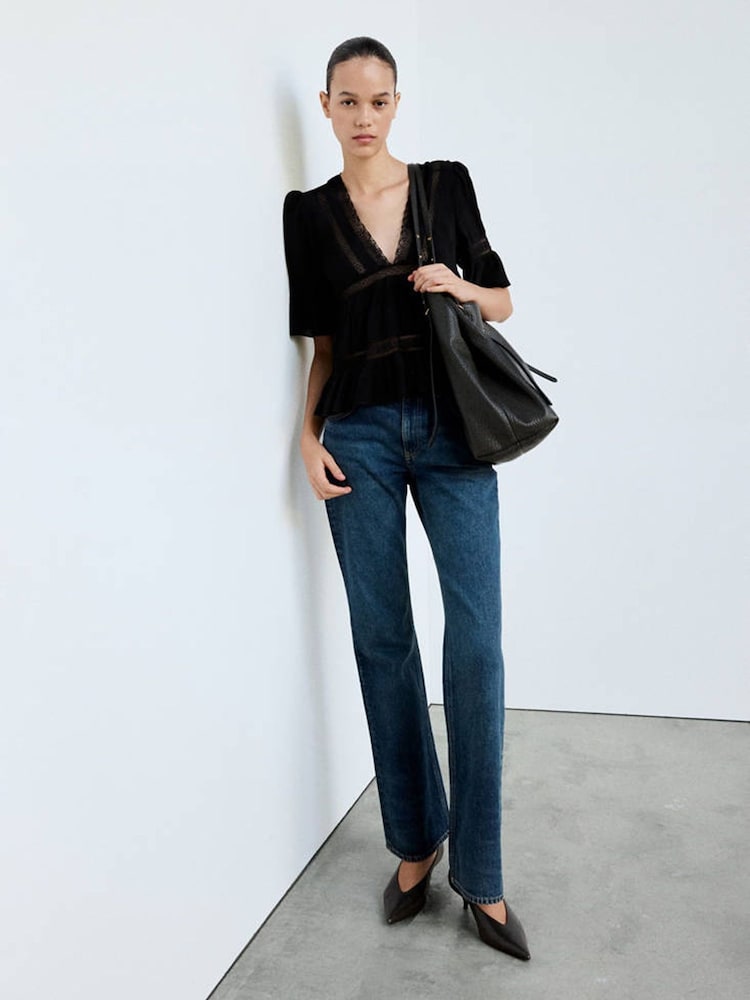 Mango Black V-Neck Flute Sleeve Blouse - Image 1 of 6