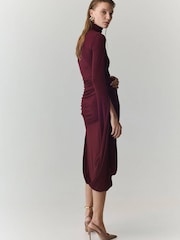 Mango Red One Shoulder Ruched Midi Dress - Image 1 of 7