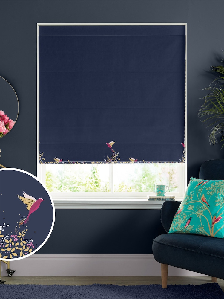 Sara Miller Navy 100% Cotton Hummingbird Border Made to Measure Roman Blind - Image 1 of 5