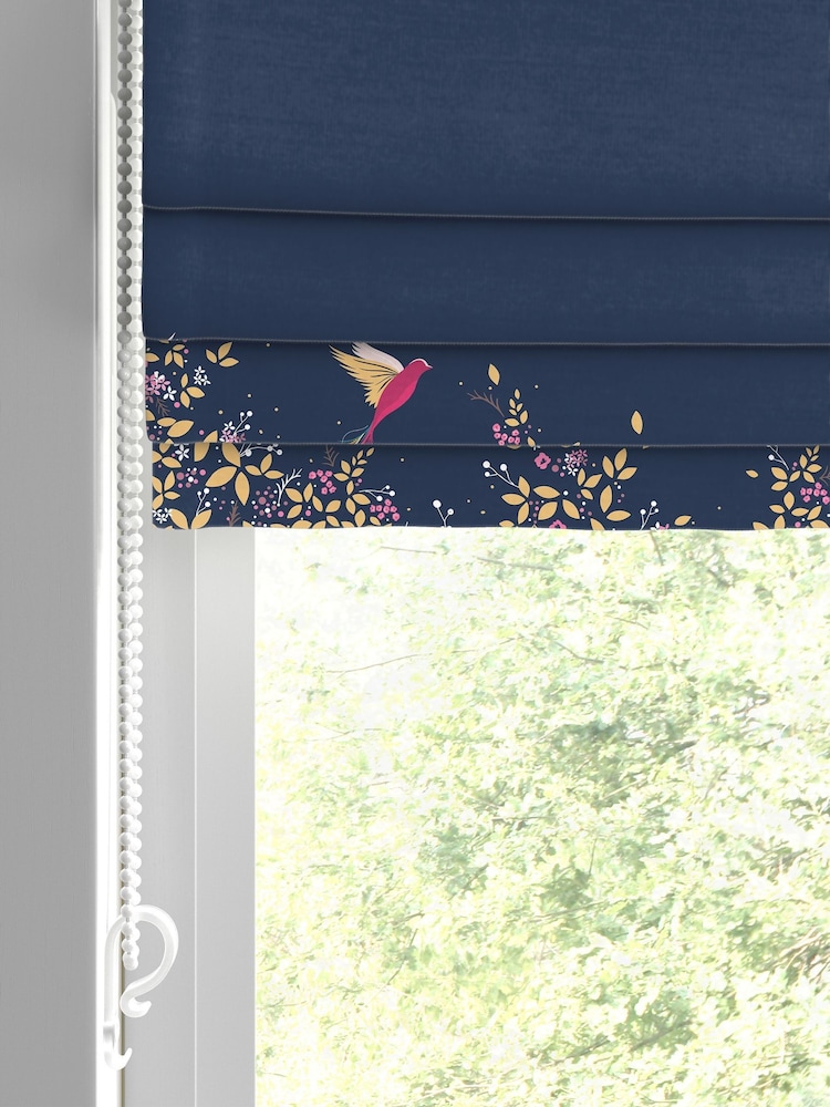 Sara Miller Navy 100% Cotton Hummingbird Border Made to Measure Roman Blind - Image 2 of 5