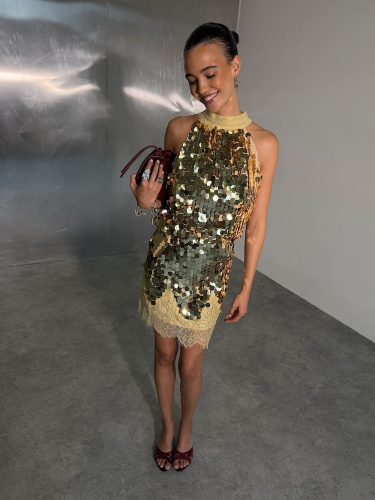 Never Fully Dressed Gold Sequin Mini Maeva Skirt - Image 1 of 4 Never Fully Dressed Gold Sequin Mini Maeva Skirt - Image 1 of 4