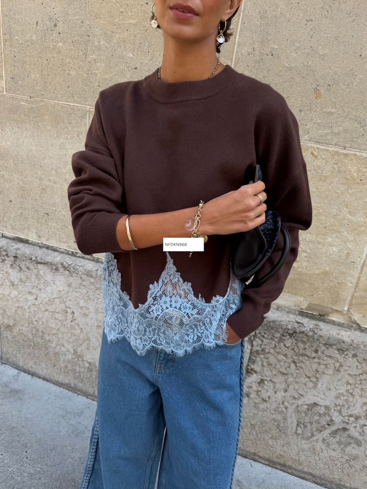 Never Fully Dressed Brown Lace Knit Copenhagen Jumper - Image 1 of 4 Never Fully Dressed Brown Lace Knit Copenhagen Jumper - Image 1 of 4