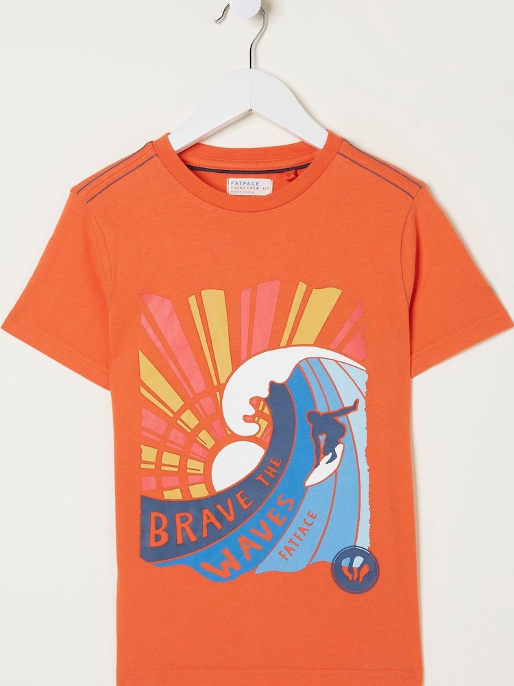 FatFace Orange Brave The Waves Graphic T-Shirt - Image 2 of 2 FatFace Orange Brave The Waves Graphic T-Shirt - Image 2 of 2