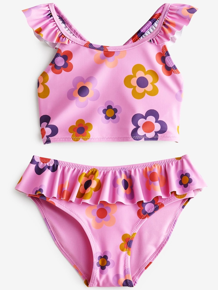 Pink Retro Floral Frill Sleeve Bikini (3-16yrs) - Image 2 of 4 Pink Retro Floral Frill Sleeve Bikini (3-16yrs) - Image 2 of 4