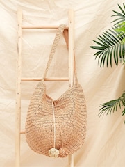 FatFace Natural Rosalie Straw Pom Pom Bag - Image 3 of 5