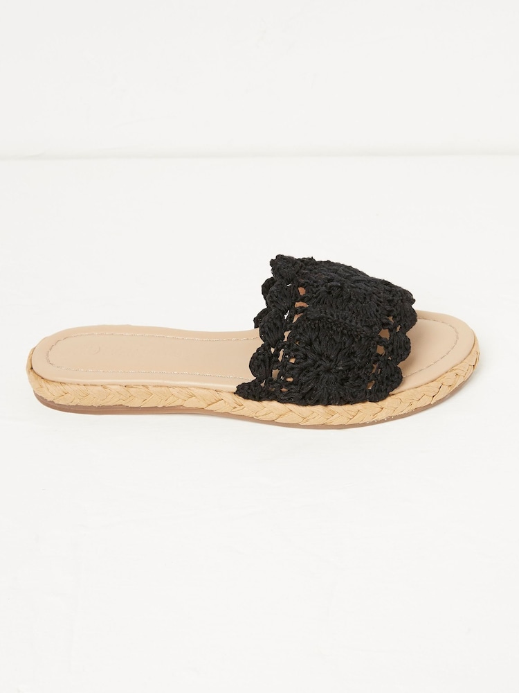 FatFace Black Crochet Cate Raffia Sliders - Image 2 of 6