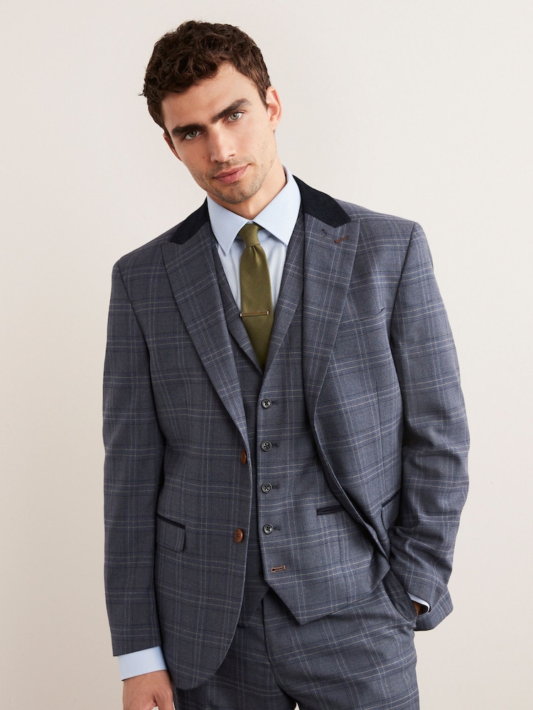 Mid Blue Trimmed Check Suit Jacket - Image 1 of 12