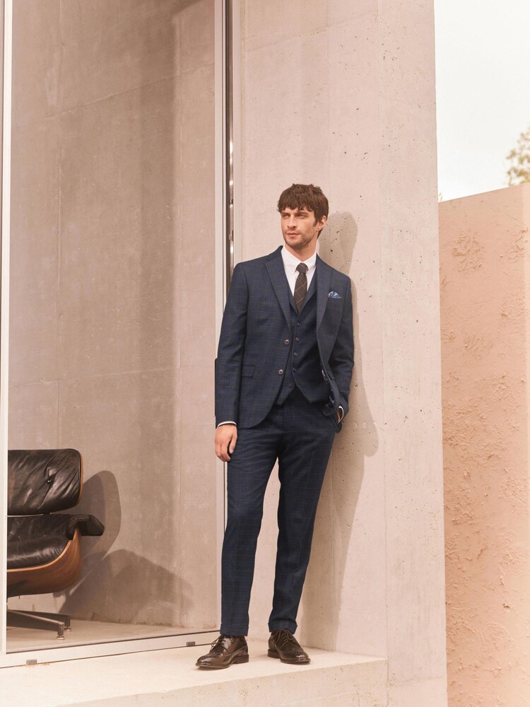 Navy Trimmed Check Suit Jacket - Image 2 of 7