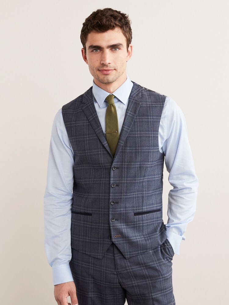 Mid Blue Check Suit Waistcoat - Image 1 of 10