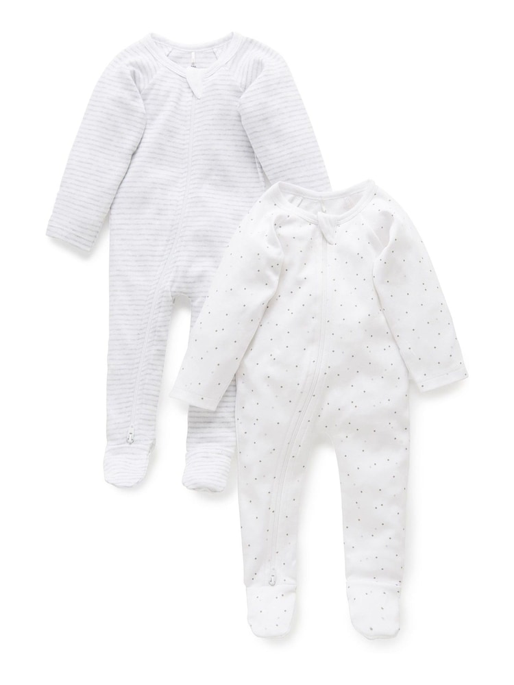 Purebaby Grey 100% Cotton Zip Baby Sleepsuits 2 Pack - Image 1 of 7
