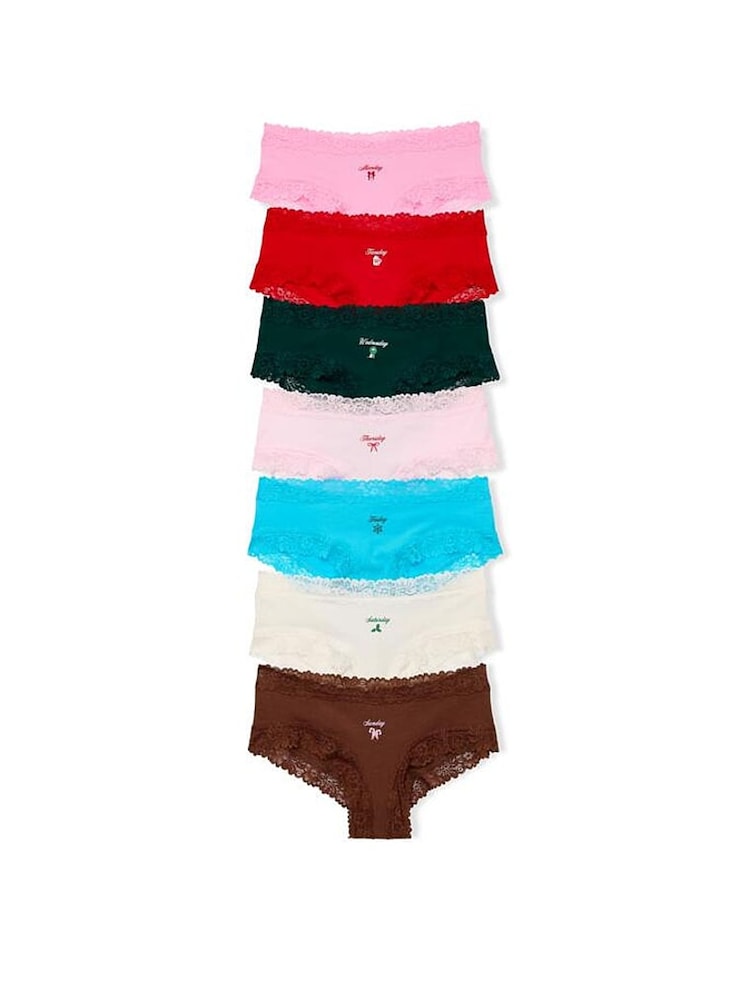 Victoria's Secret Pink Pink/Red/Green/Blue/White/Brown 7 Pack Lace Trim Knickers - Image 1 of 1 Victoria's Secret Pink Pink/Red/Green/Blue/White/Brown 7 Pack Lace Trim Knickers - Image 1 of 1