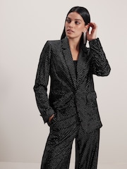 Black Tailored Velvet Embellished Single Breasted Blazer - Image 1 of 8