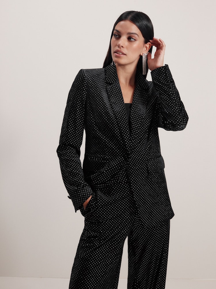 Black Tailored Velvet Embellished Single Breasted Blazer - Image 1 of 8