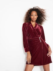 Berry Red Velvet Diamanté Button Detail Mini Dress - Image 1 of 6