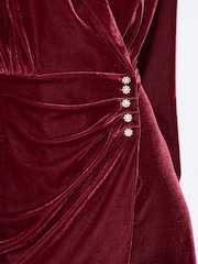 Berry Red Velvet Diamanté Button Detail Mini Dress - Image 4 of 6