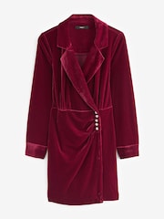 Berry Red Velvet Diamanté Button Detail Mini Dress - Image 5 of 6