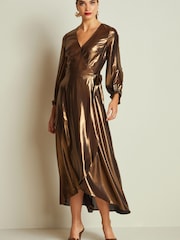 Bronze Metallic Wrap Front Midi Dress - Image 1 of 5