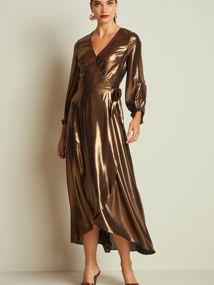Bronze Metallic Wrap Front Midi Dress - Image 1 of 5