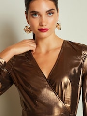 Bronze Metallic Wrap Front Midi Dress - Image 2 of 5