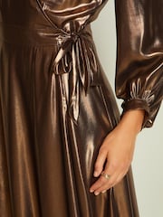 Bronze Metallic Wrap Front Midi Dress - Image 3 of 5