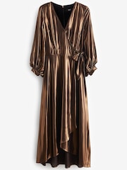 Bronze Metallic Wrap Front Midi Dress - Image 4 of 5