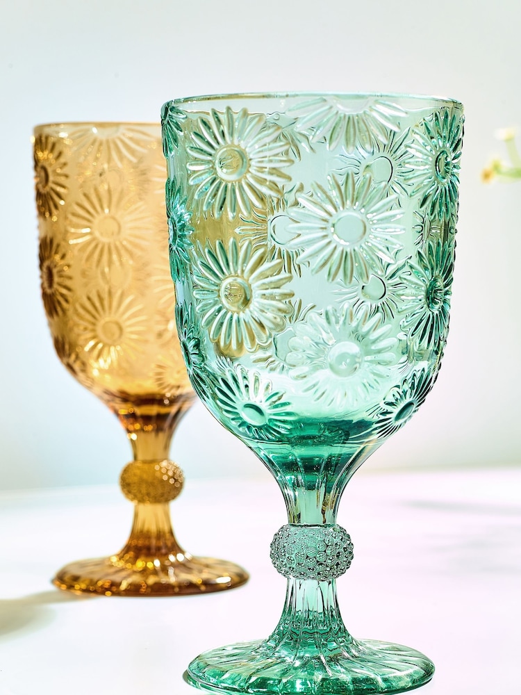 Multi Set of 4 Lisse Floral Pressed Wine Glasses - Image 2 of 4