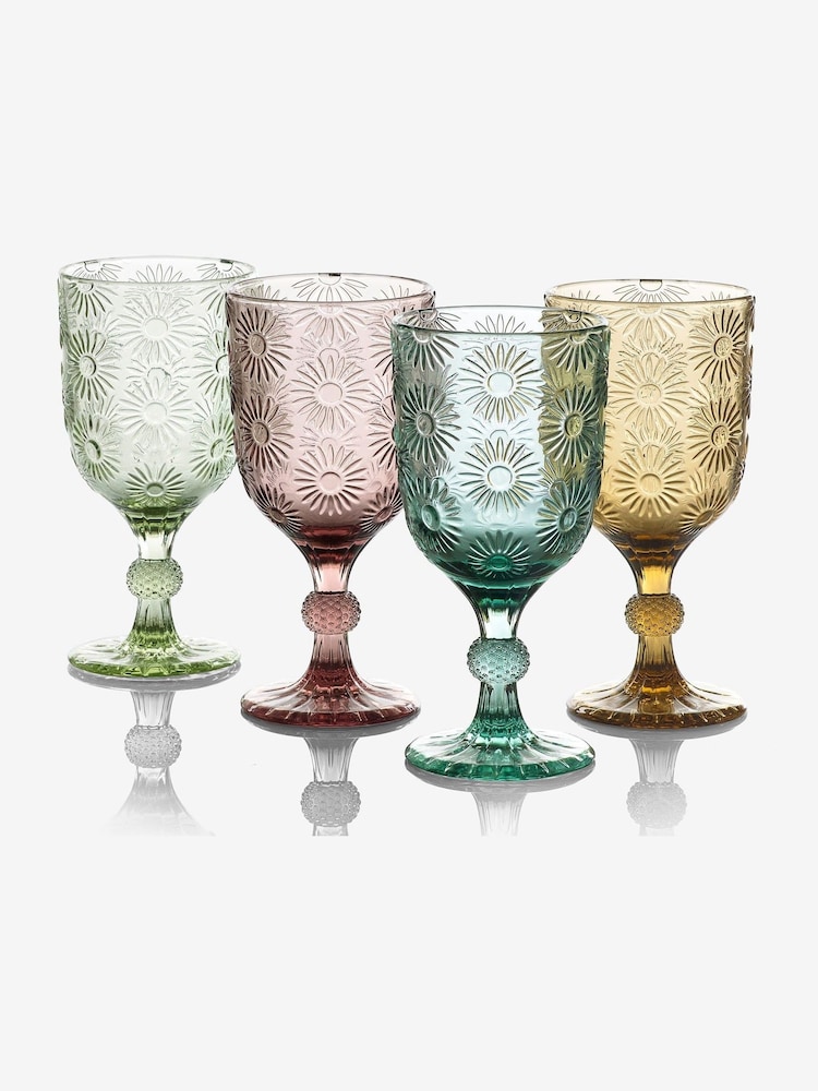 Multi Set of 4 Lisse Floral Pressed Wine Glasses - Image 4 of 4