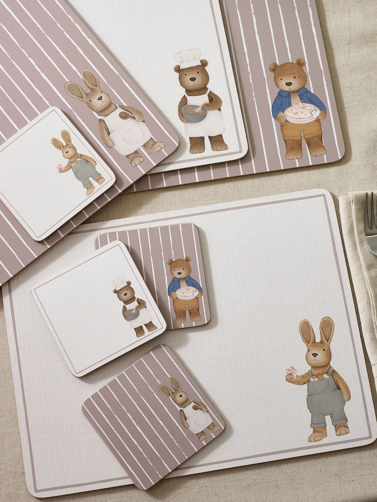 Set of 4 Natural Bertie Bear and Rosie Rabbit Corkback Placemats and Coasters - Image 2 of 3