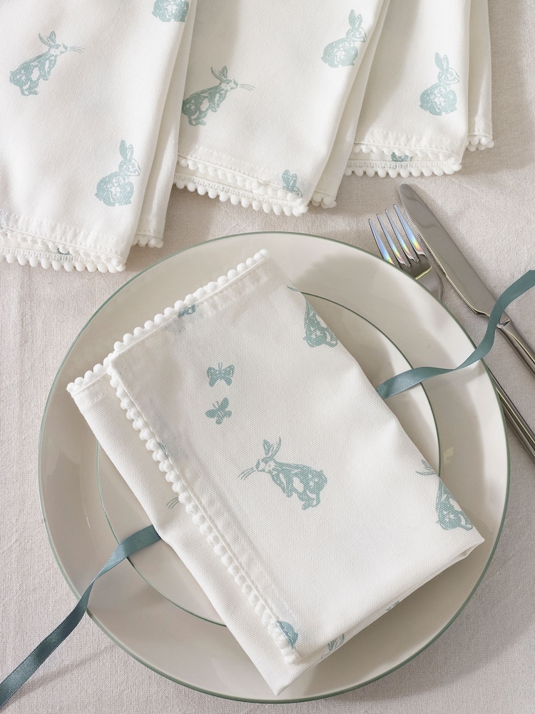 Set of 4 Teal Blue Bunny Rabbit Cotton Pom Napkins - Image 1 of 4
