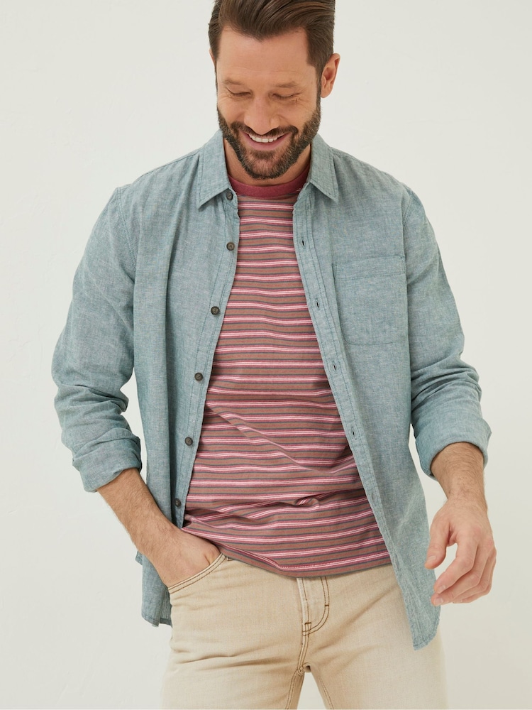 FatFace Green Long Sleeve Bugle Linen Cotton Shirt - Image 1 of 6