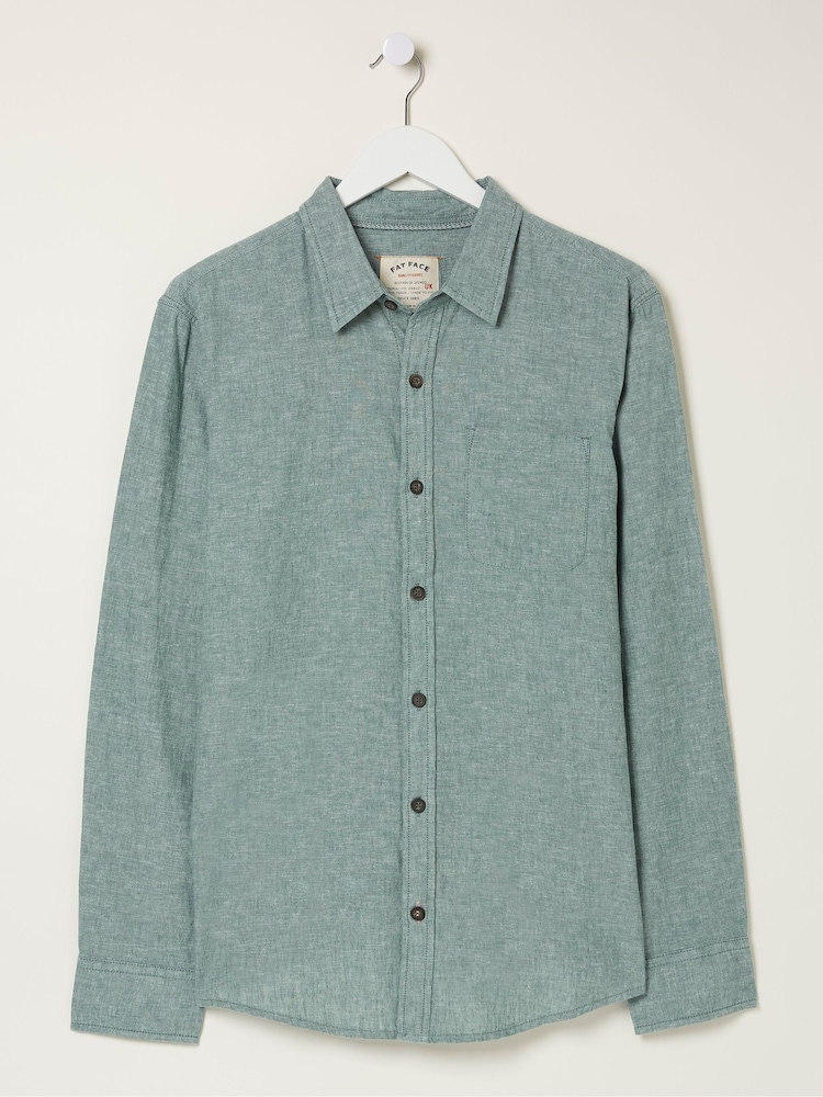 FatFace Green Long Sleeve Bugle Linen Cotton Shirt - Image 6 of 6
