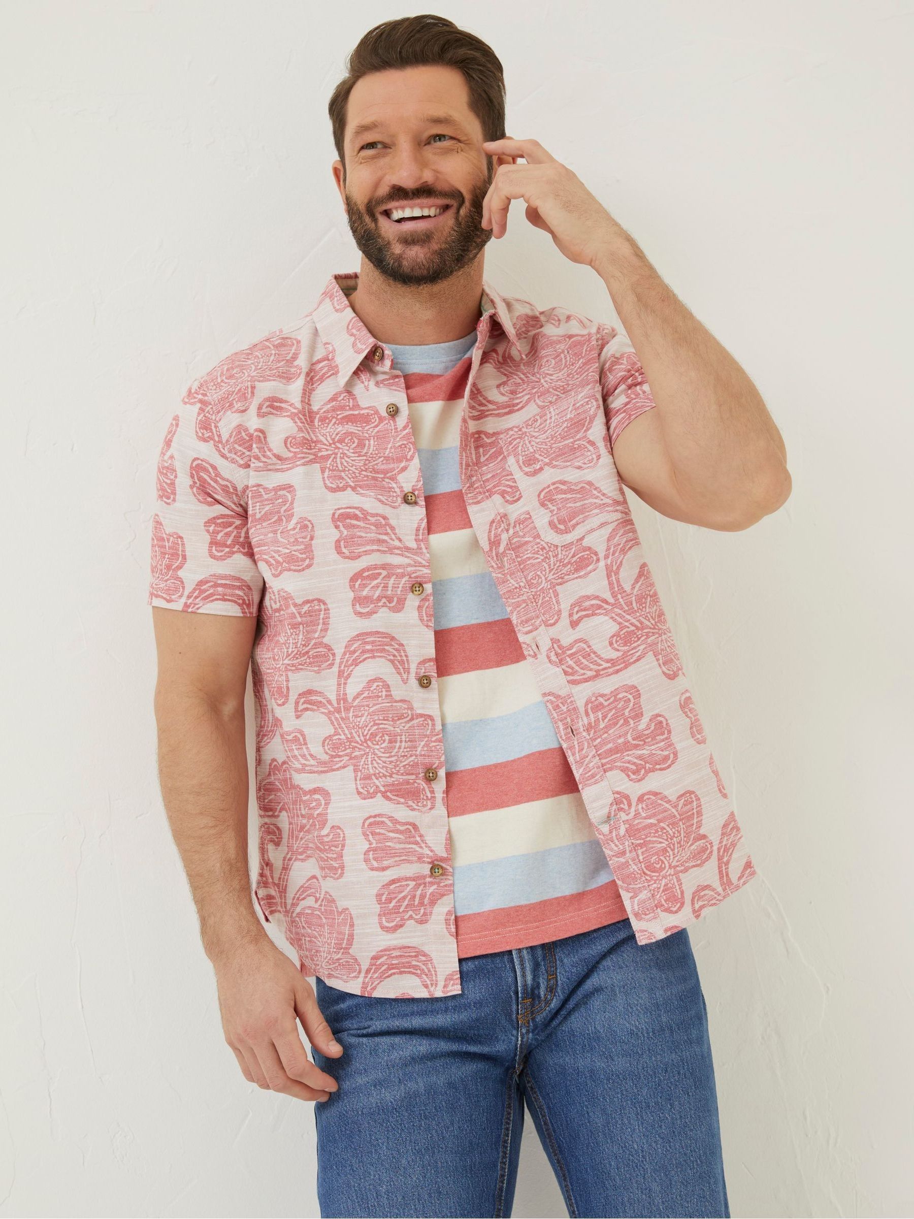 FatFace Men's Floral Block Print Shirt in Pink 100% Cotton S Tall