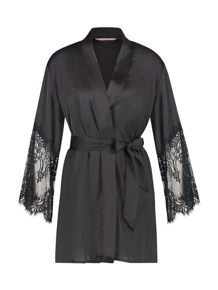 Hunkemöller Black Lace Satin Kimono Robe - Image 4 of 6