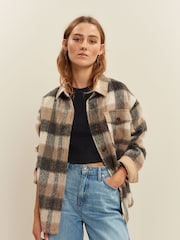 Neutral Check Print Long Sleeve Shacket - Image 1 of 6
