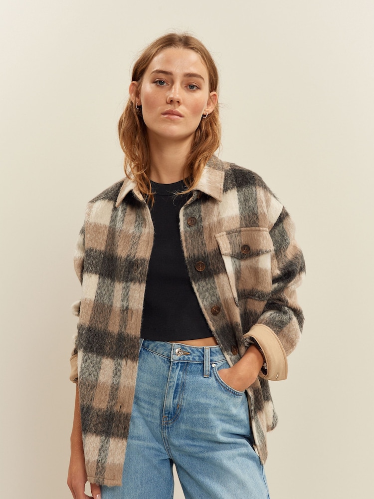 Neutral Check Print Long Sleeve Shacket - Image 1 of 6