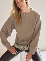 Neutral Long Sleeve Layered Sweatshirt with Woven Shirt - Image 1 of 7