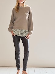 Neutral Long Sleeve Layered Sweatshirt with Woven Shirt - Image 2 of 7