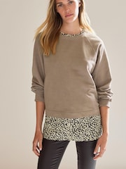 Neutral Long Sleeve Layered Sweatshirt with Woven Shirt - Image 3 of 7