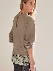 Neutral Long Sleeve Layered Sweatshirt with Woven Shirt - Image 4 of 7