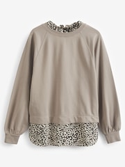 Neutral Long Sleeve Layered Sweatshirt with Woven Shirt - Image 6 of 7