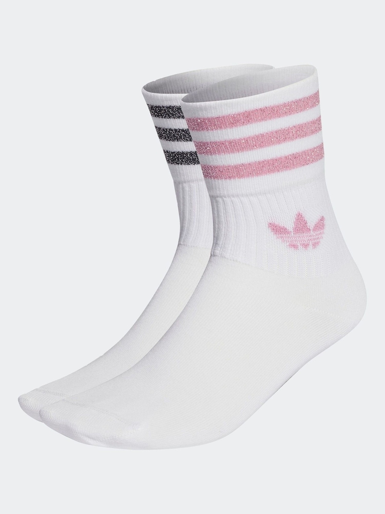 adidas Originals White/Pink Mid Cut Glitter Crew Socks 2 Pack - Image 1 of 4