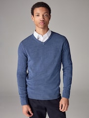 Mid Blue V-Neck Regular Soft Touch Knit Jumper - Image 1 of 6