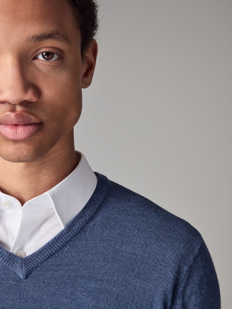 Mid Blue V-Neck Regular Soft Touch Knit Jumper - Image 4 of 6