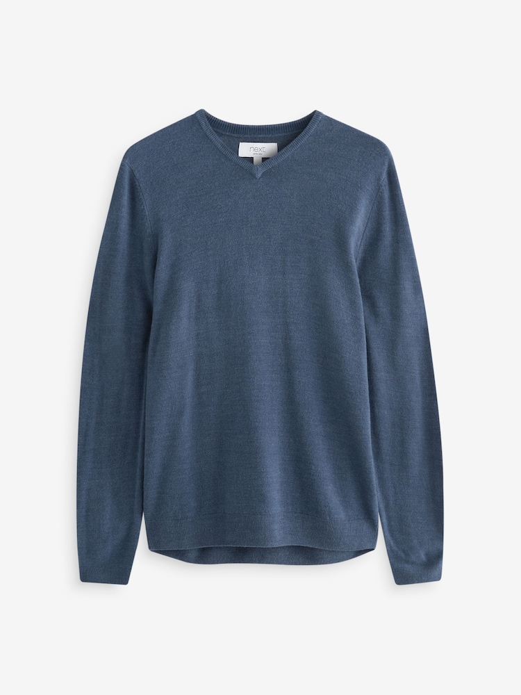 Mid Blue V-Neck Regular Soft Touch Knit Jumper - Image 6 of 6