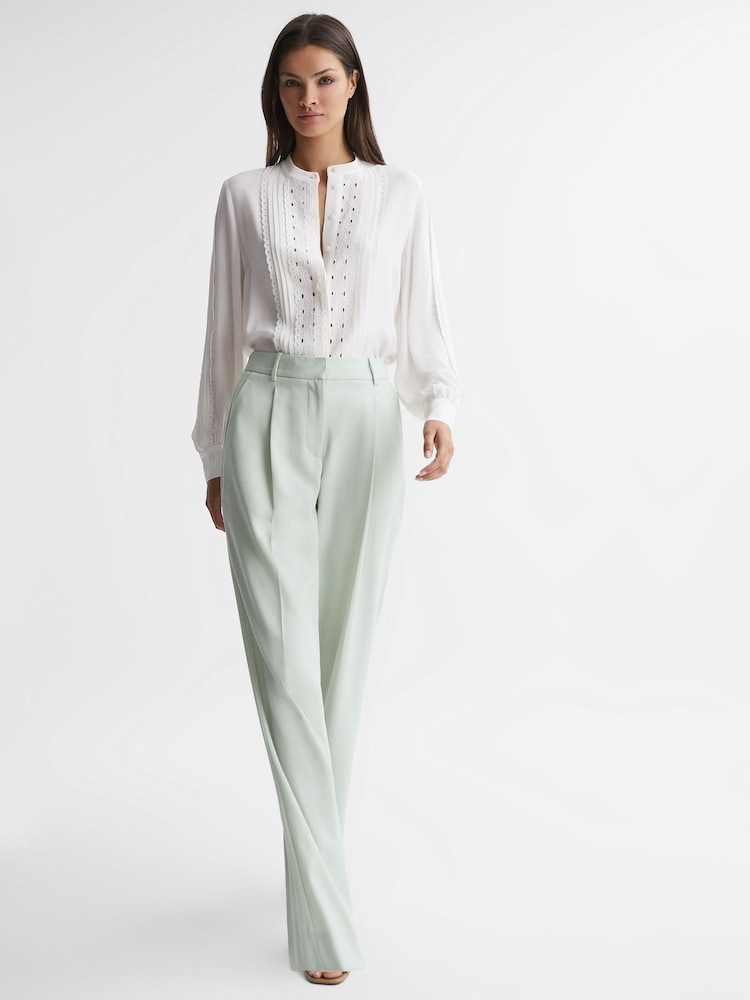 Reiss Cream Maisie Collarless Long Sleeve Lace Blouse - Image 1 of 4